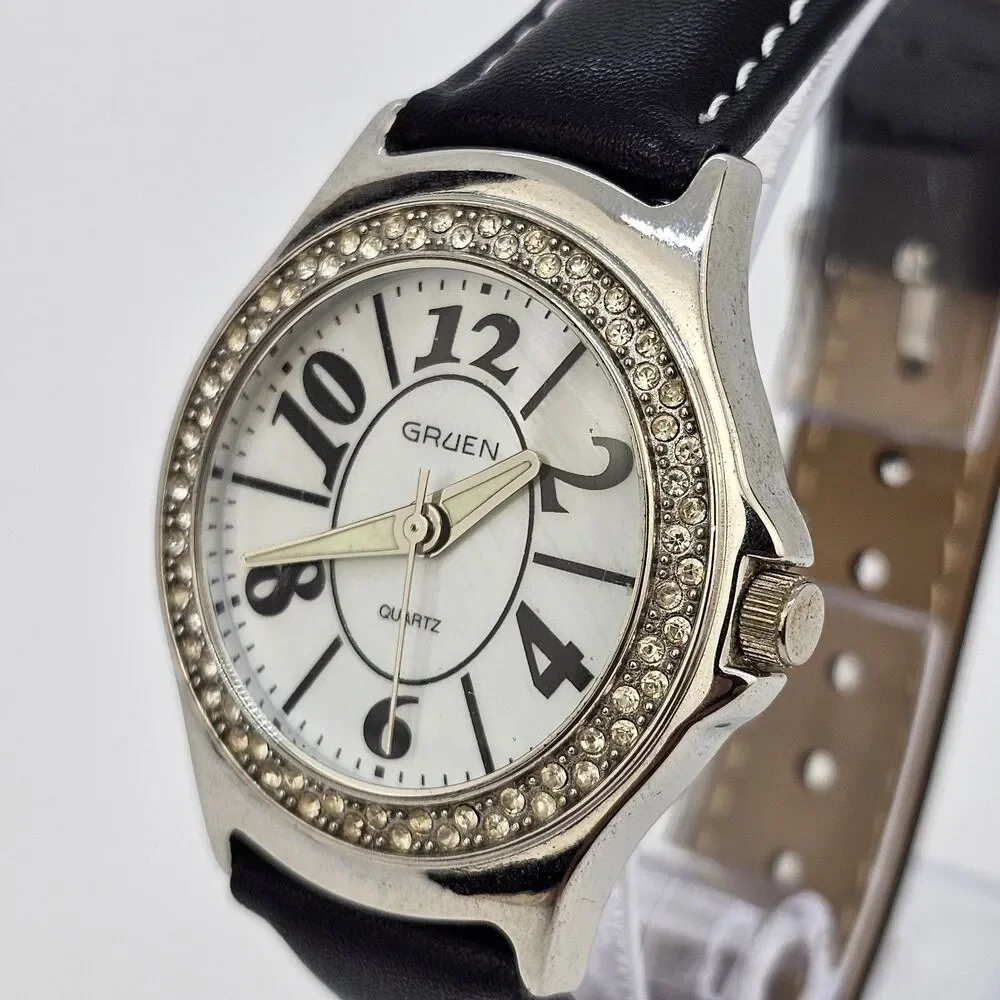 Gruen Women's Watch 36MM White Dial New Black White Leather Bands New‎ Battery